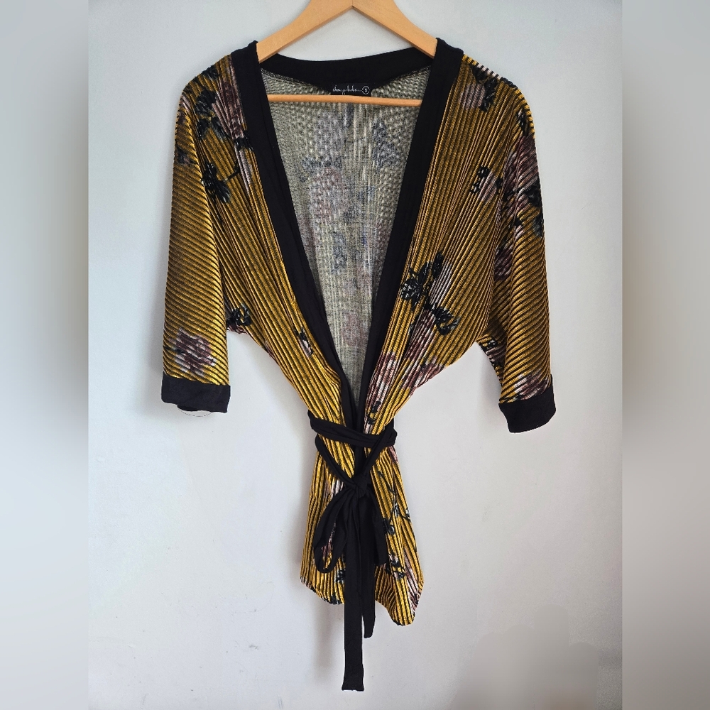 CHERRY BOBIN Yellow and Black Floral Kimono Cardigan